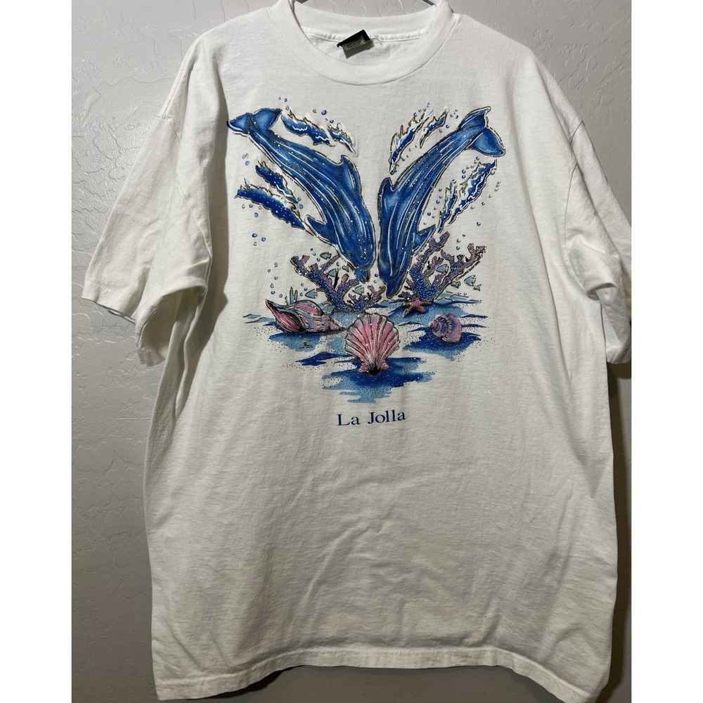 Vintage 1995 La Jolla Single Stitch T-Shirt Glitter Dolphins XL Diamond Dust 90s